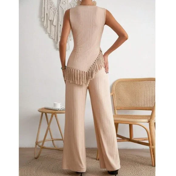 Apricot Boho Womens Fringe Hem Tank Top & Wide Leg Pants - Picture 2 of 4